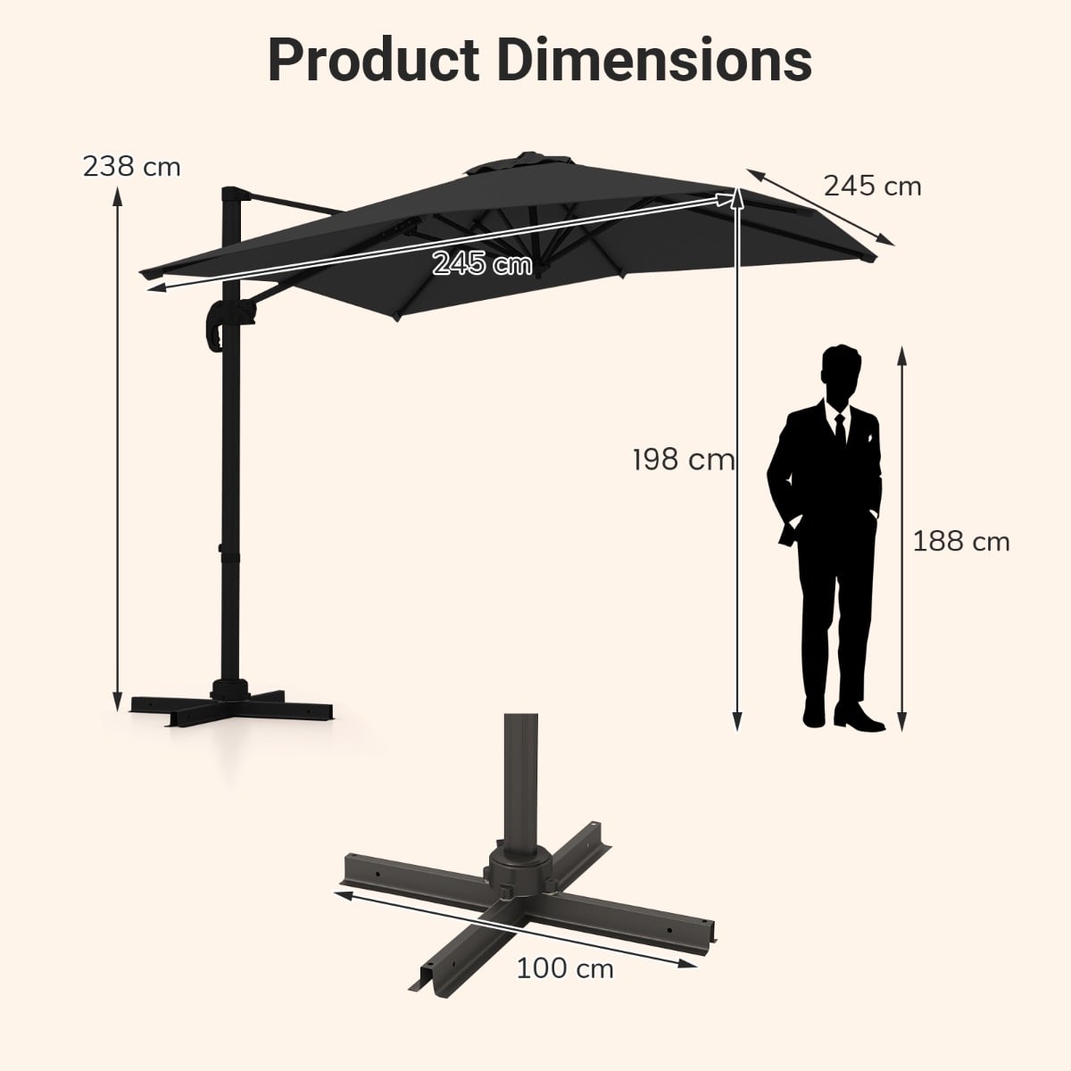 Patio Offset Umbrella with 360° Rotation and 5 Adjustable Tilt 8 Ribs-Black