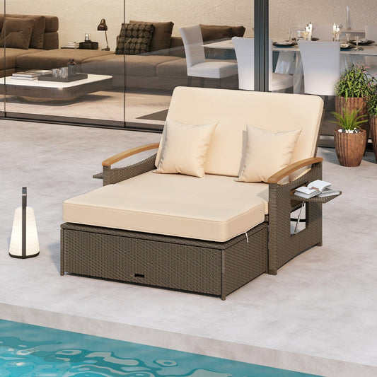 Outdoor Wicker Daybed PE Rattan Loveseat with Folding Panels and Storage Ottoman