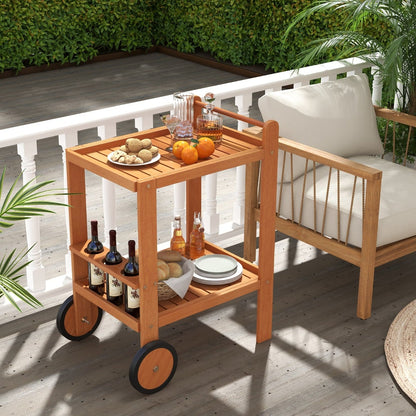 Indoor Outdoor Wood Bar Cart with Wine Bottle Holders and 2 Rubber Wheels
