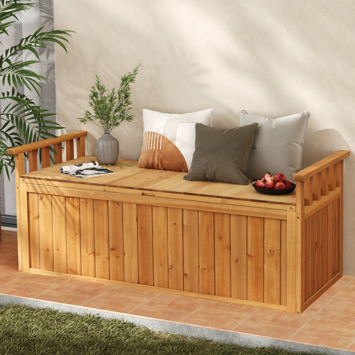 Outdoor Wood Storage Bench 209 L Large Storage Deck Box-Natural