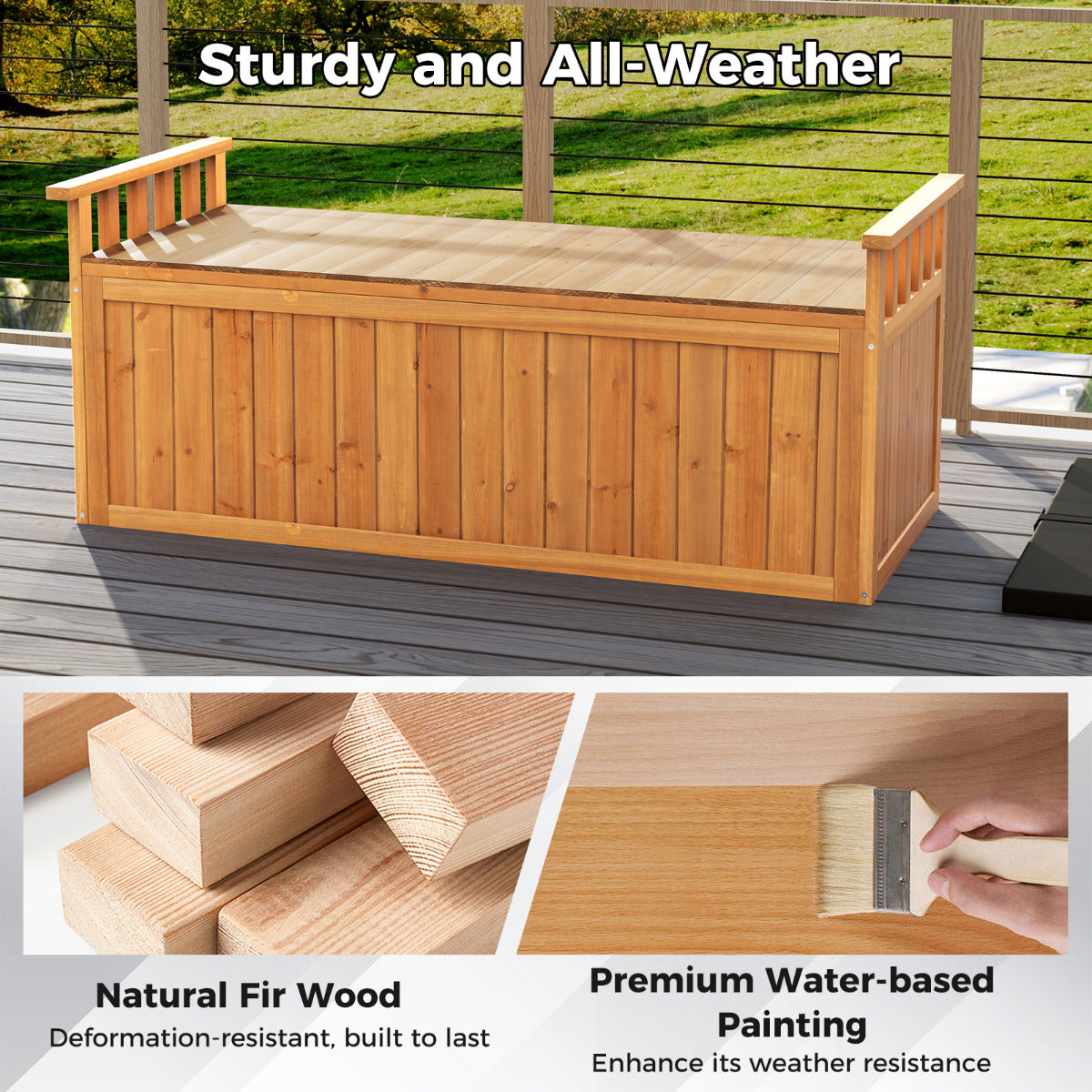 Outdoor Wood Storage Bench 209 L Large Storage Deck Box-Natural