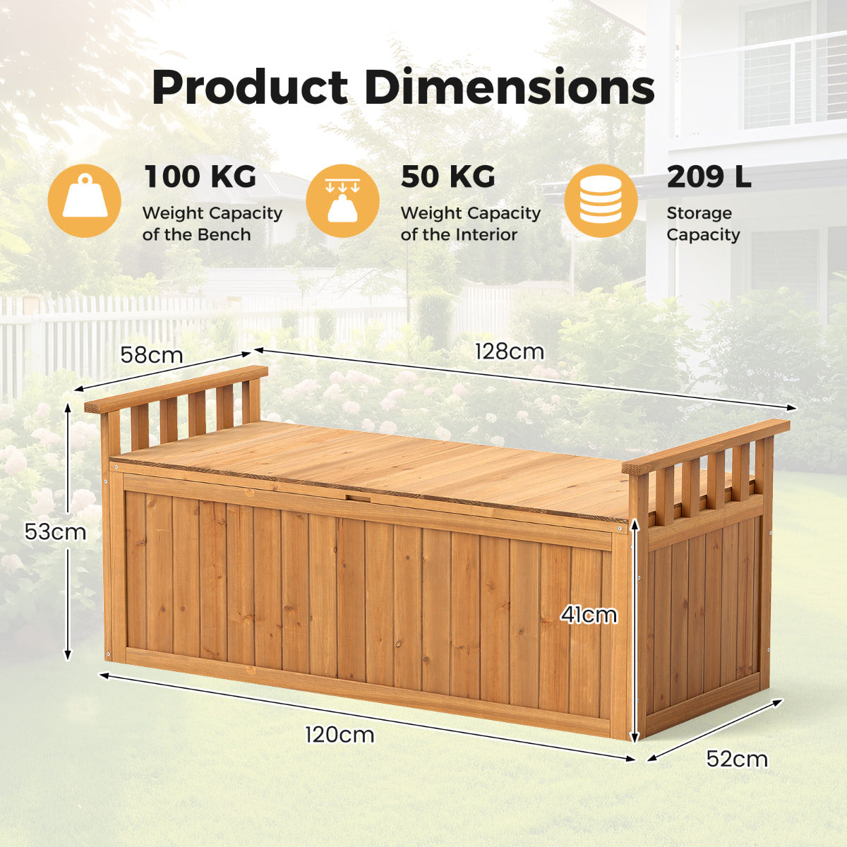 Outdoor Wood Storage Bench 209 L Large Storage Deck Box-Natural