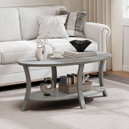 Oval Coffee Table 2-Tier Center Table with Storage Shelf-Grey