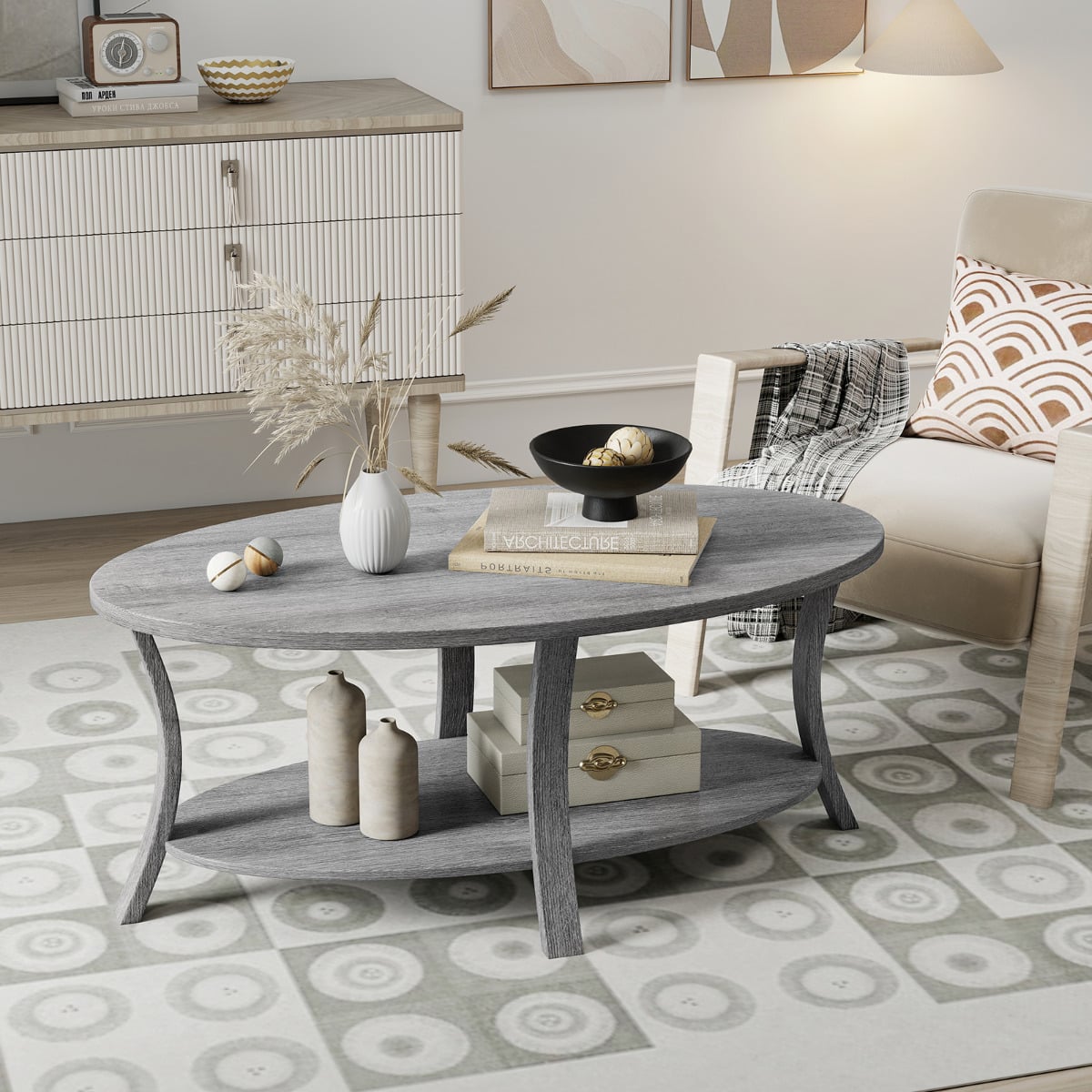 Oval Coffee Table 2-Tier Center Table with Storage Shelf-Grey