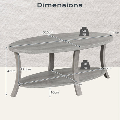 Oval Coffee Table 2-Tier Center Table with Storage Shelf-Grey