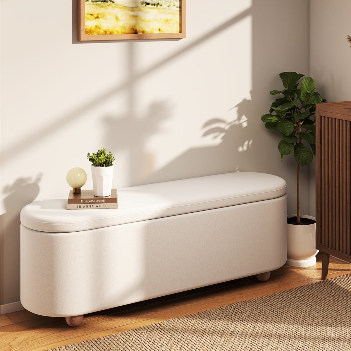 Oval Storage Bench 139 CM Long Ottoman Bench with Flip Top-White