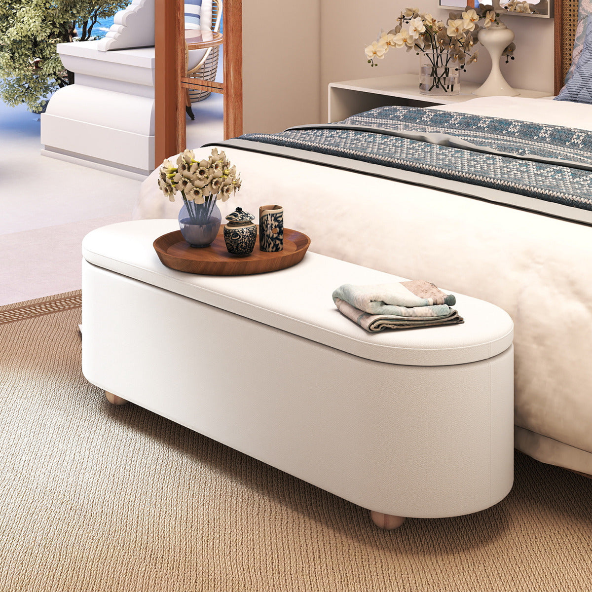 Oval Storage Bench 139 CM Long Ottoman Bench with Flip Top-White