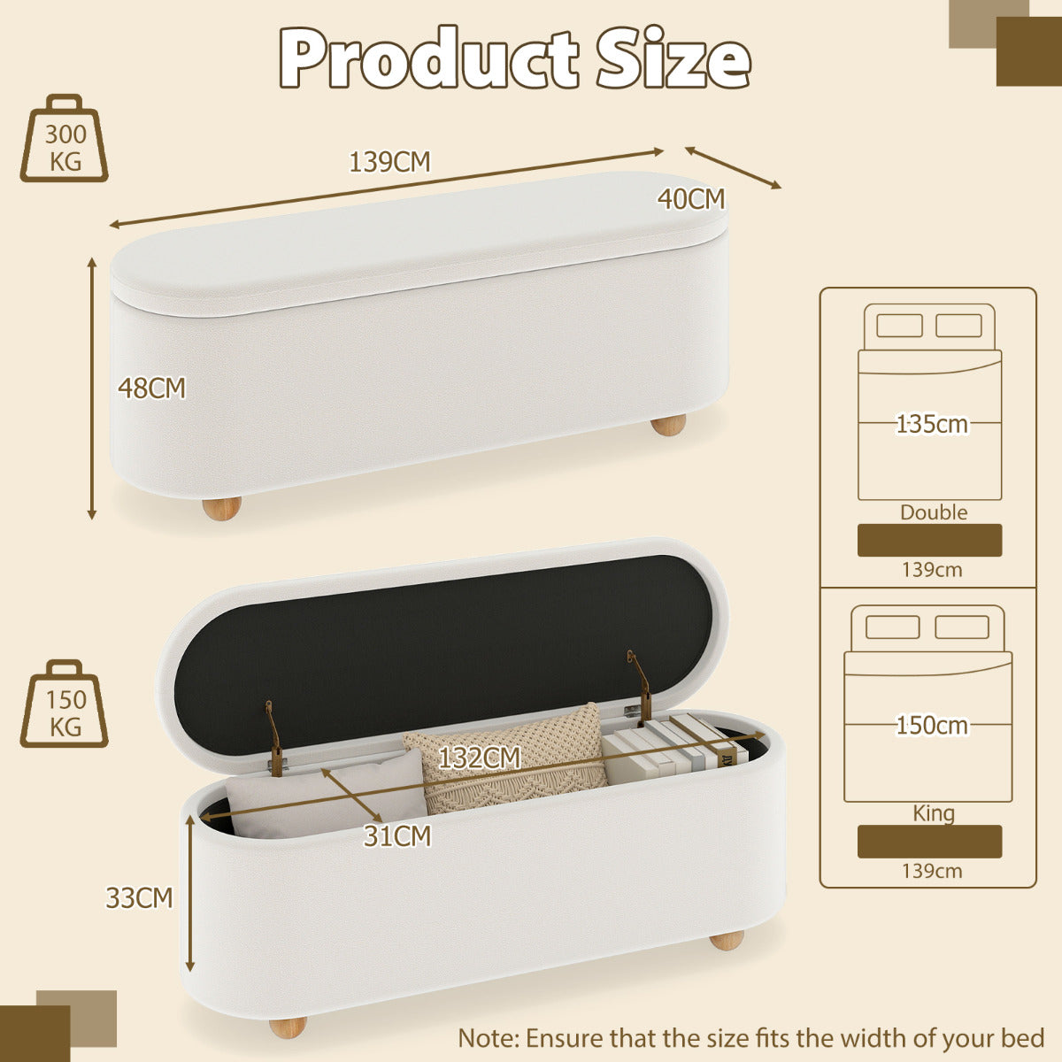 Oval Storage Bench 139 CM Long Ottoman Bench with Flip Top-White