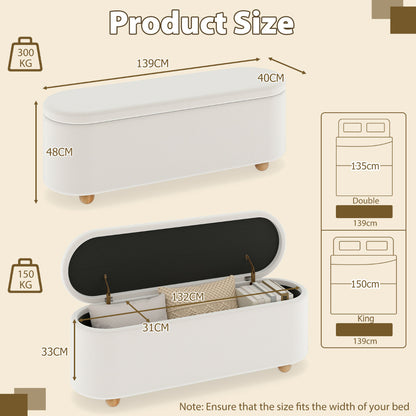 Oval Storage Bench 139 CM Long Ottoman Bench with Flip Top-White