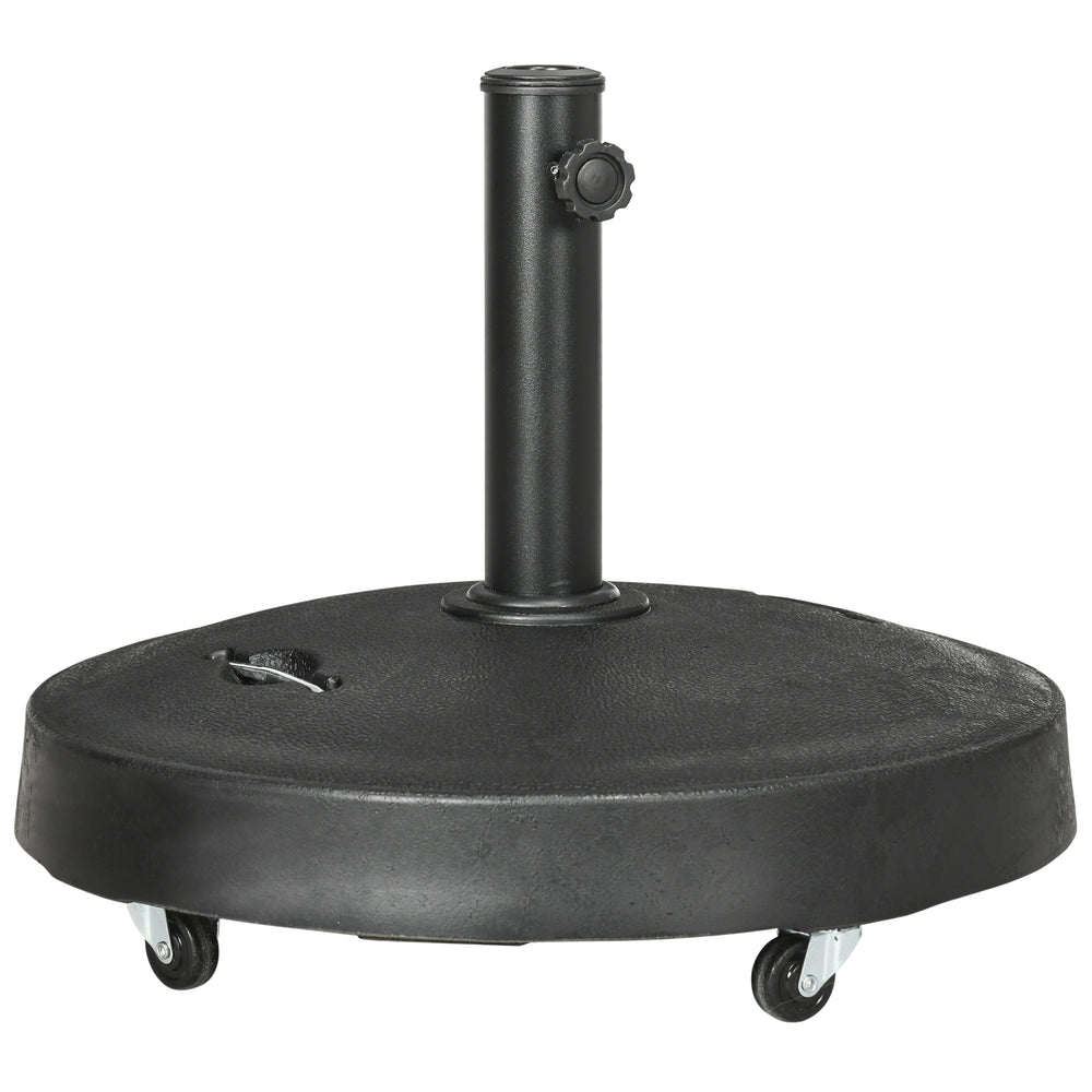 Outsunny 25kg Resin Garden Parasol Base with Wheels and Retractable Handles, Round Outdoor Market Umbrella Stand Weight for Poles of Î¦38mm to Î¦48mm, Black