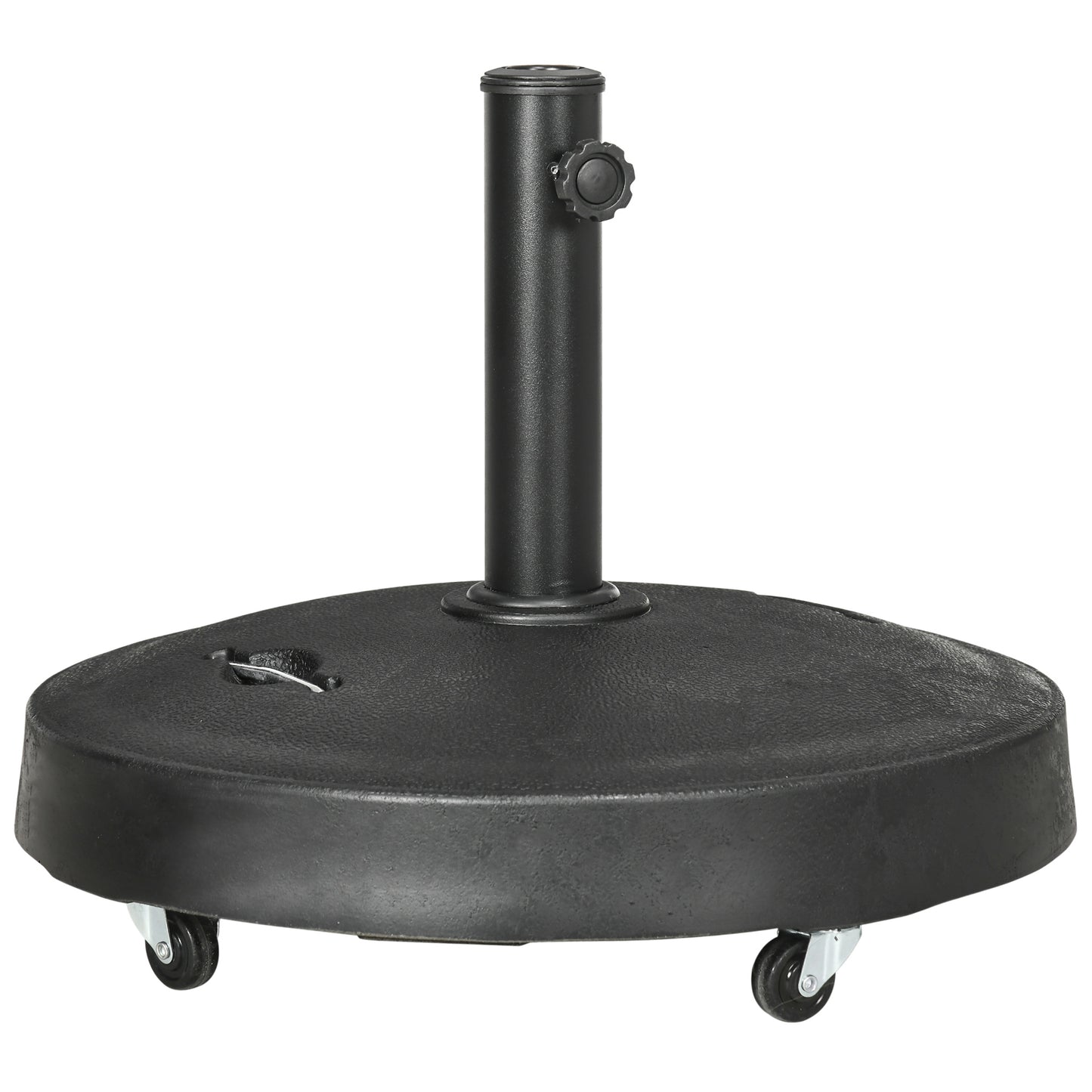 Outsunny 25kg Resin Garden Parasol Base with Wheels and Retractable Handles, Round Outdoor Market Umbrella Stand Weight for Poles of Î¦38mm to Î¦48mm, Black