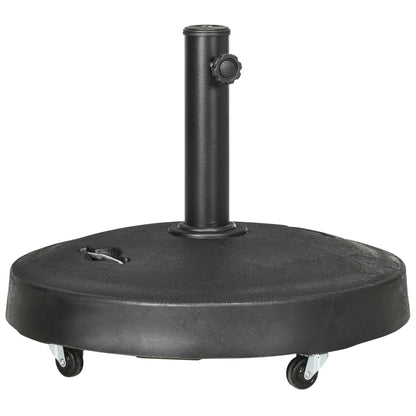 Outsunny 25kg Resin Garden Parasol Base with Wheels and Retractable Handles, Round Outdoor Market Umbrella Stand Weight for Poles of Î¦38mm to Î¦48mm, Black