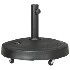 Outsunny 25kg Resin Garden Parasol Base with Wheels and Retractable Handles, Round Outdoor Market Umbrella Stand Weight for Poles of Î¦38mm to Î¦48mm, Black