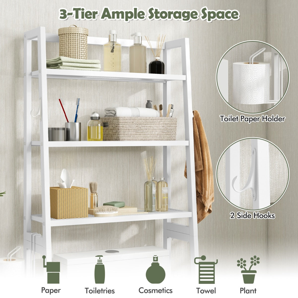 Over The Toilet Storage Shelf with Adjustable Adjustable Bottom Bar-White