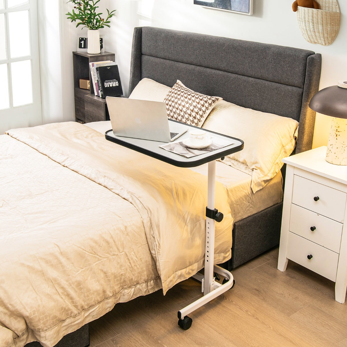 Portable Bedside Table with 9-Level Adjustable Height-White