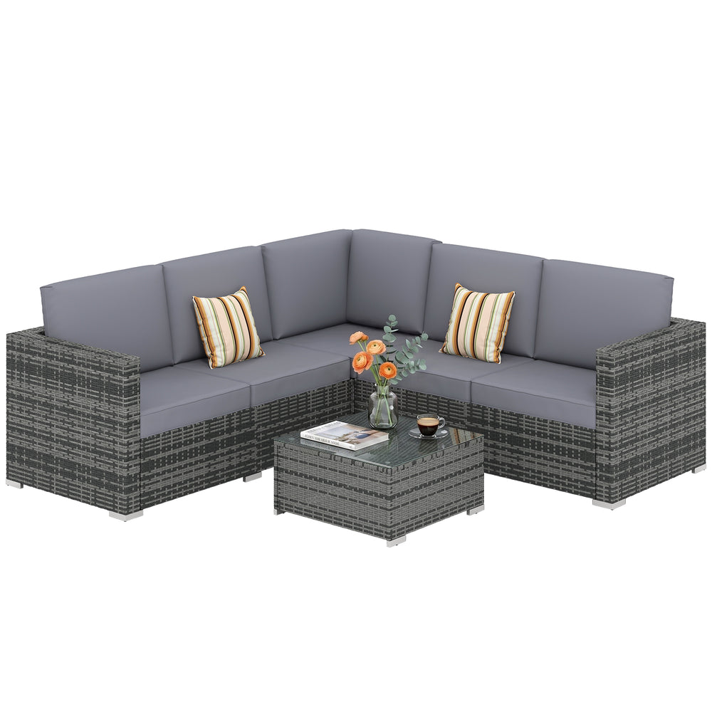 Outsunny Luxury 5 Seater Rattan Garden Furniture Set, 4 Pieces Outdoor Patio Conversation Set with Wide Seats, 220gsm Polyester Cushions, Tempered Glass Table, Corner Sofa, Loveseat, Grey