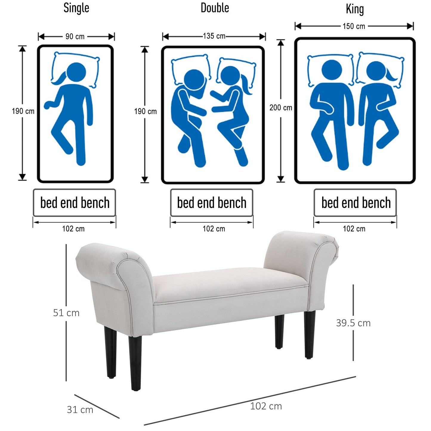 HOMCOM Small Bench, Upholstered Window Seat with Arms and Wooden Legs, Modern Shoe Bench for Entryway, Living Room, Bedroom, Greyish White