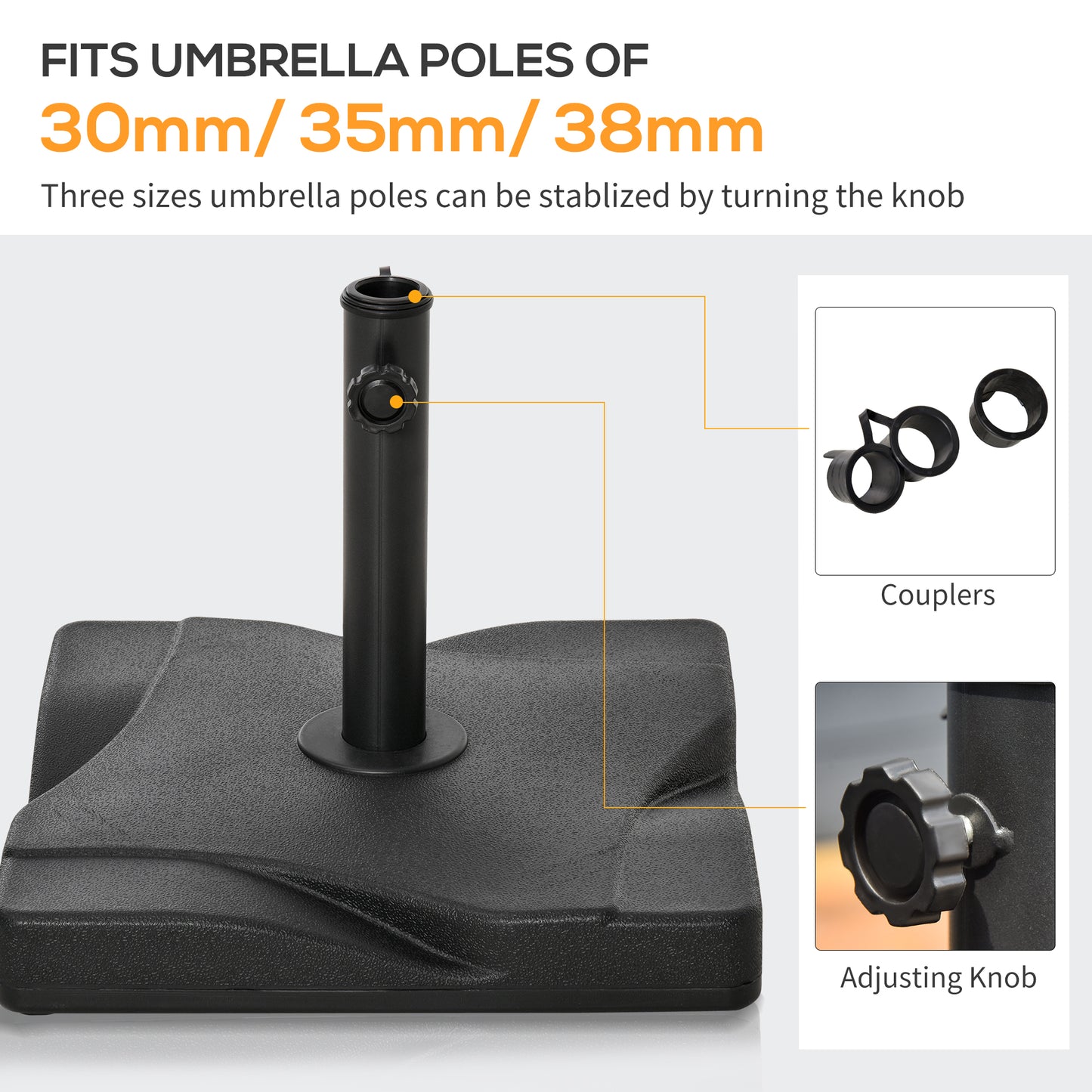 Outsunny 20kg Square Parasol Base Outdoor Garden Cement Umbrella Weight Stand Holder, Fits Î¦32mm,Î¦38mm,Î¦48mm Pole - Black