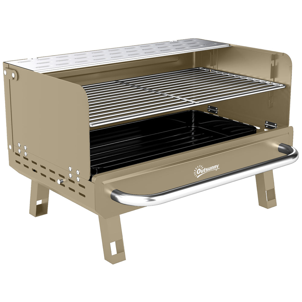 Outsunny Portable BBQ Grill, Charcoal Barbecue Grill with Adjustable Grates, Foldable Legs, Side Shelf for Camping Travel, Khaki