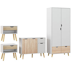 HOMCOM Bedroom Furniture Set, Wardrobe with Hanging Rod, Side Cabinet with Wood Legs, Bedside Table with Drawer, Nature Wood Finish and White