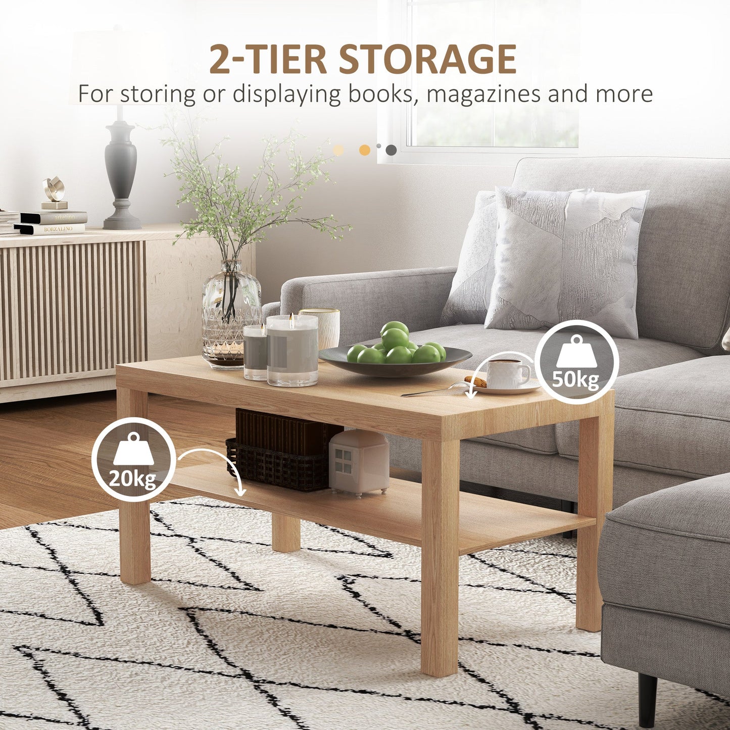 HOMCOM 2-Tier Coffee Table with Storage Shelf, Rectangular Centre Table for Living Room, Home Office, Natural Wood Finish