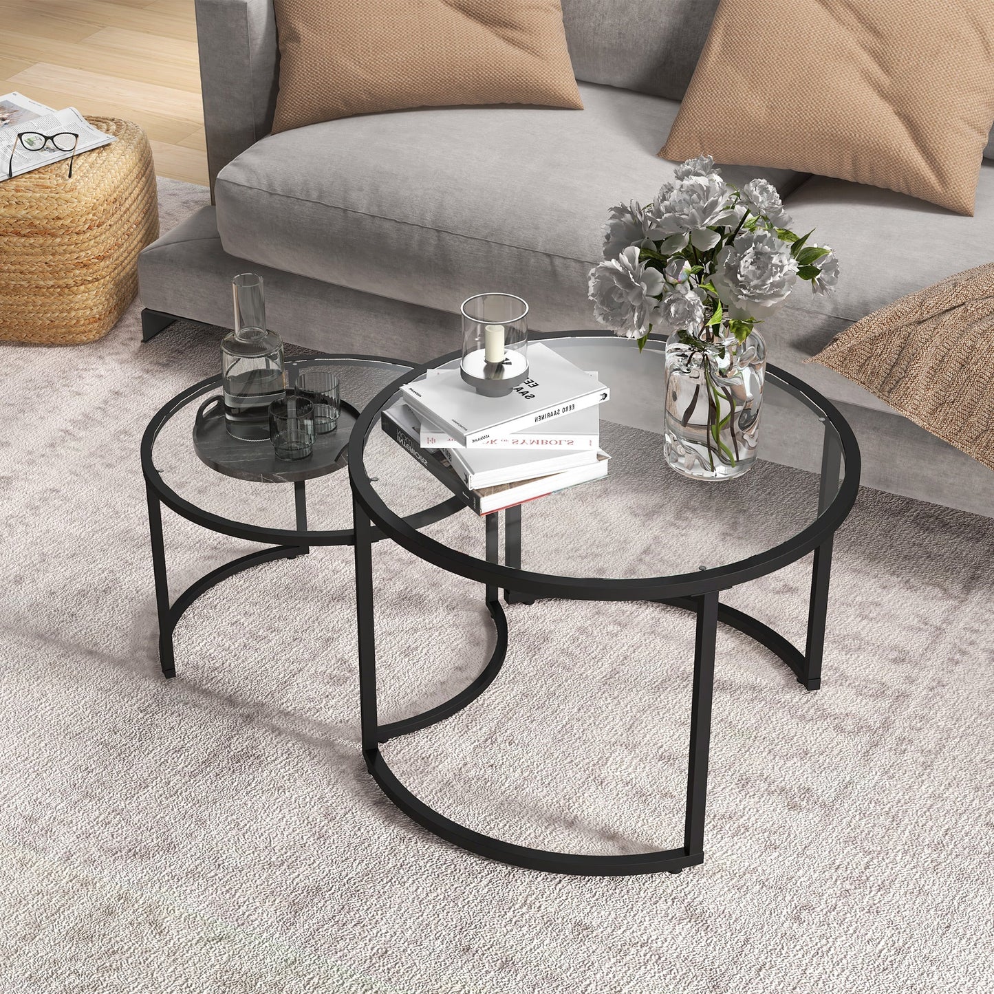 HOMCOM Two-Piece Nest of Glass-Top Coffee Tables