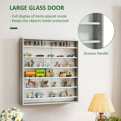 Wall-mounted storage cabinet with large glass door displaying various toys and items.