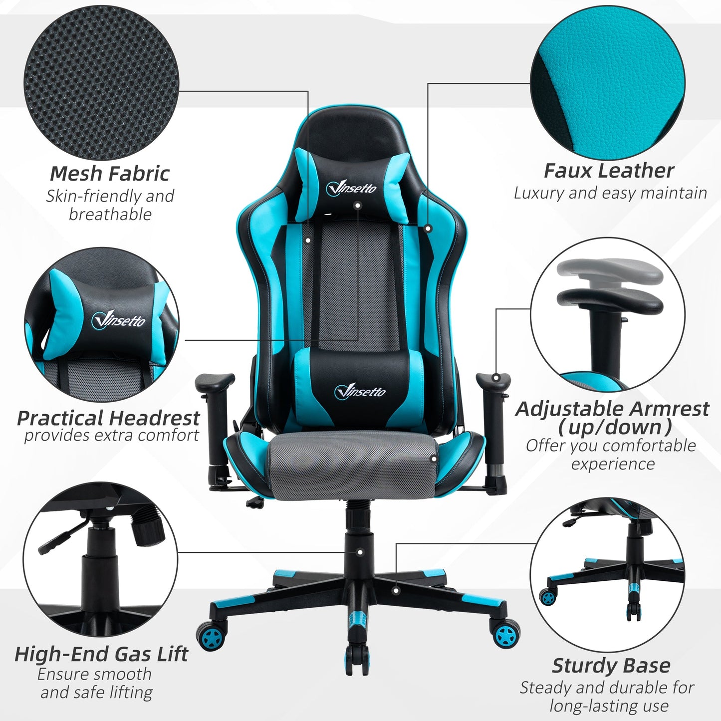 Vinsetto Gaming Chair Racing Style Ergonomic Office Chair High Back Computer Desk Chair Adjustable Height Swivel Recliner with Headrest and Lumbar Support, Sky Blue