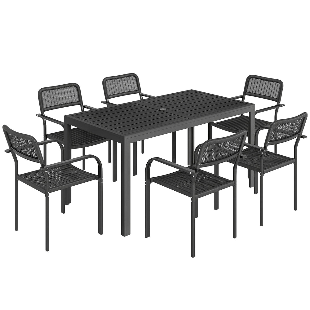 Outsunny Garden Dining Set for 6, Faux Wood Metal Outdoor Table and Stackable Chairs with Plastic Rattan Effect Seat, Black
