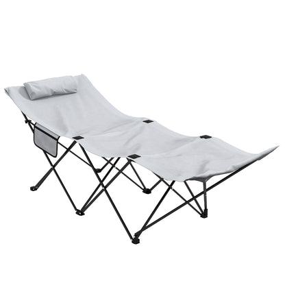 Outsunny Camping Bed for Adults, Single Folding Camp Bed, Portable Camping Cot with Side Pocket, Headrest and Oxford Seat for Outdoor, Travel, Fishing, Light Grey