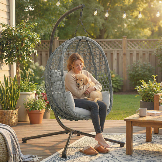 Outsunny Hanging Egg Chair, Indoor Outdoor Rattan Hammock Swing Chair with Stand, Safety Strap, Foldable Basket, Dark Grey