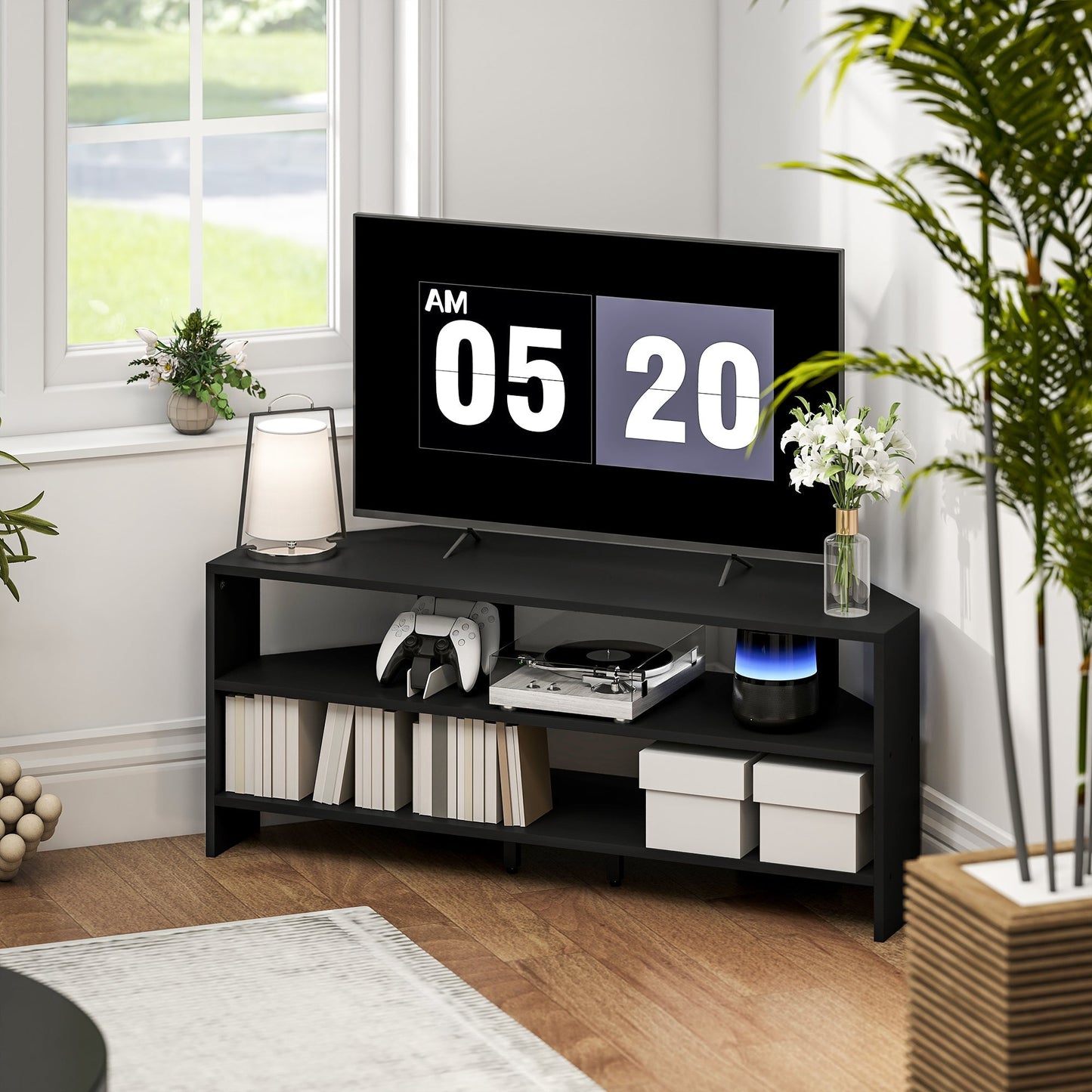 HOMCOM Corner TV Stand with 2 Open Shelves for 47 Inch TV - Black