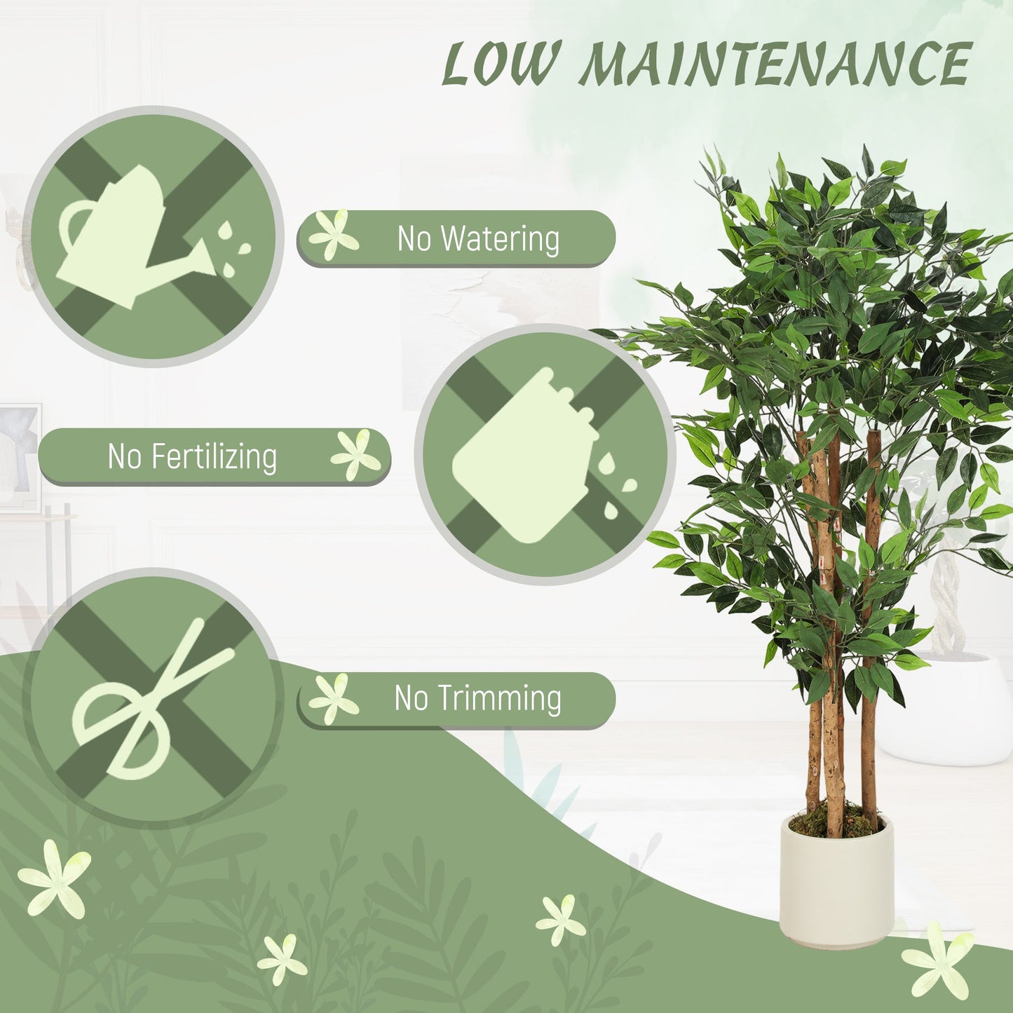 HOMCOM 120cm Artificial Ficus Tree, Fake Potted Tree with Solid Wood Trunk and Pot for Indoor, Green