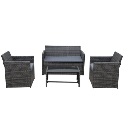 Outsunny 4 Pieces PE Rattan Garden Sofa Set with Cushions, Outdoor Patio Wicker Weave Conservatory Furniture Set with a Loveseat, 2 Armchairs and a Glass Top Coffee Table, Grey