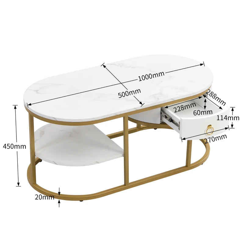 Oval Coffee Table with Marble Look, Golden Iron Frame, Drawers, and Shelves, 100x50x45 cm, White