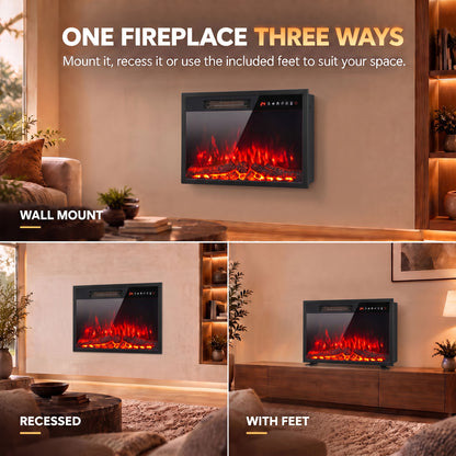 HOMCOM Electric Fireplace Insert, Recessed Electric Fire with Adjustable Flame Effect, Timer, Remote, 750W/1500W, Black