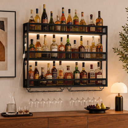 HOMCOM Wall-Mounted Wine Rack with LED Lights, Glass Holders, Open Shelf, Metal Storage Rack, Black