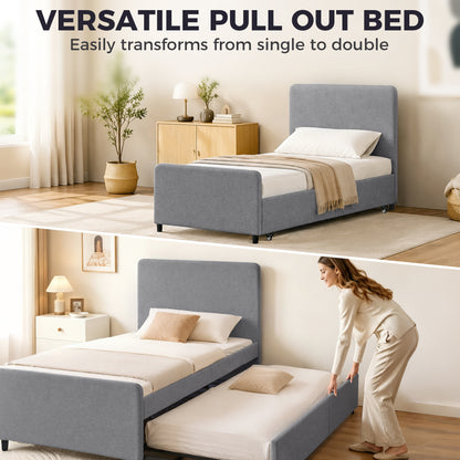 HOMCOM 3ft Single Bed Frame with Trundle, Upholstered Pull Out Trundle Bed with Headboard and Footboard, Dark Grey