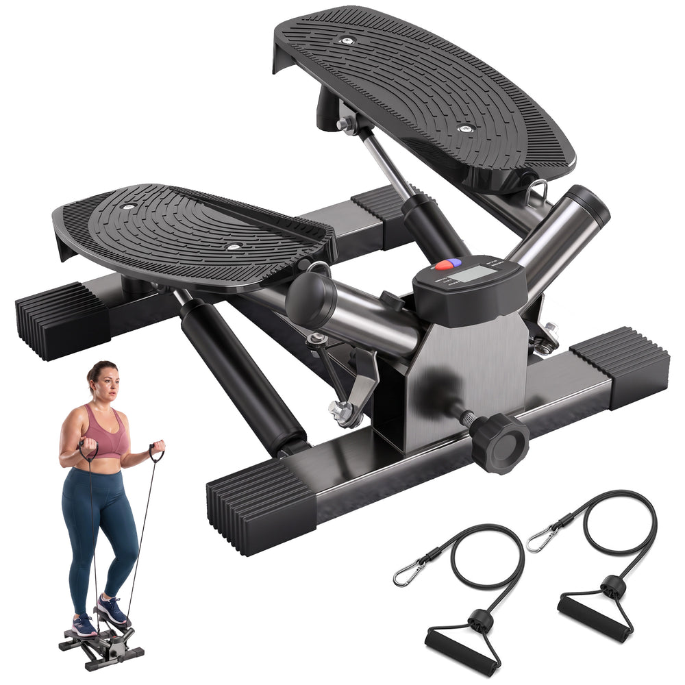 HOMCOM Portable Mini Stepper, Exercise Fitness Machine for Legs Arms Thigh Toner Toning Machine, Stair Steps Workout Training Fitness, w/ Resistance Bands and Floor Mat, Black
