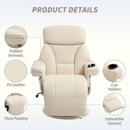 HOMCOM Manual Recliner Chair with Footrest, Upholstered Reclining Armchair with Adjustable Backrest and Cup Holder, PU Leather Swivel Chair for Living Room, Bedroom, Cream White