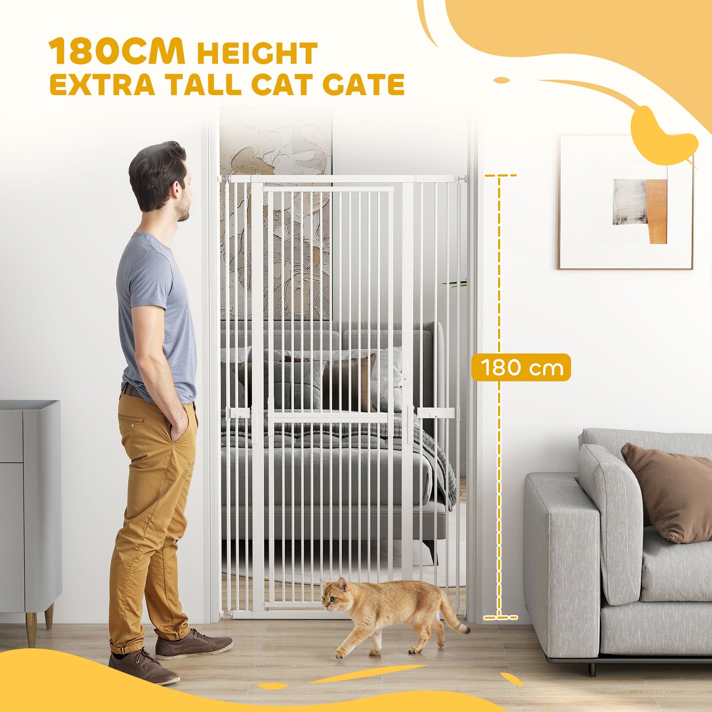 PawHut 180cm Extra Tall Pet Gate with 3.5 cm Narrow Gap, Pressure Mounted No Drilling Cat Gate for Doorways, 76-104cm Width