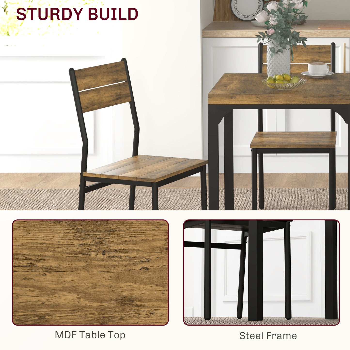 HOMCOM Three-Piece Minimal and Compact Dining Set, Rustic Brown