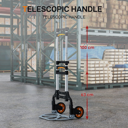 HOMCOM Folding Sack Truck, 70kg Lightweight Hand Truck with Wheels, Foldable Trolley Cart with Telescoping Handle for Warehouse, Office, Luggage, Silver Tone