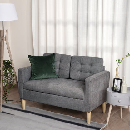 HOMCOM Modern 2 Seater Sofa with Hidden Storage, 117cm Tufted Cotton Couch with Wood Legs, Compact Loveseat for Living Room, Kitchen, Grey