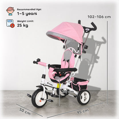 HOMCOM 6 in 1 Kids Trike Push Bike w/ Push Handle, Canopy, 5-point Seat Belt, Storage, Footrest, Brake, for 1-5 Years, Pink