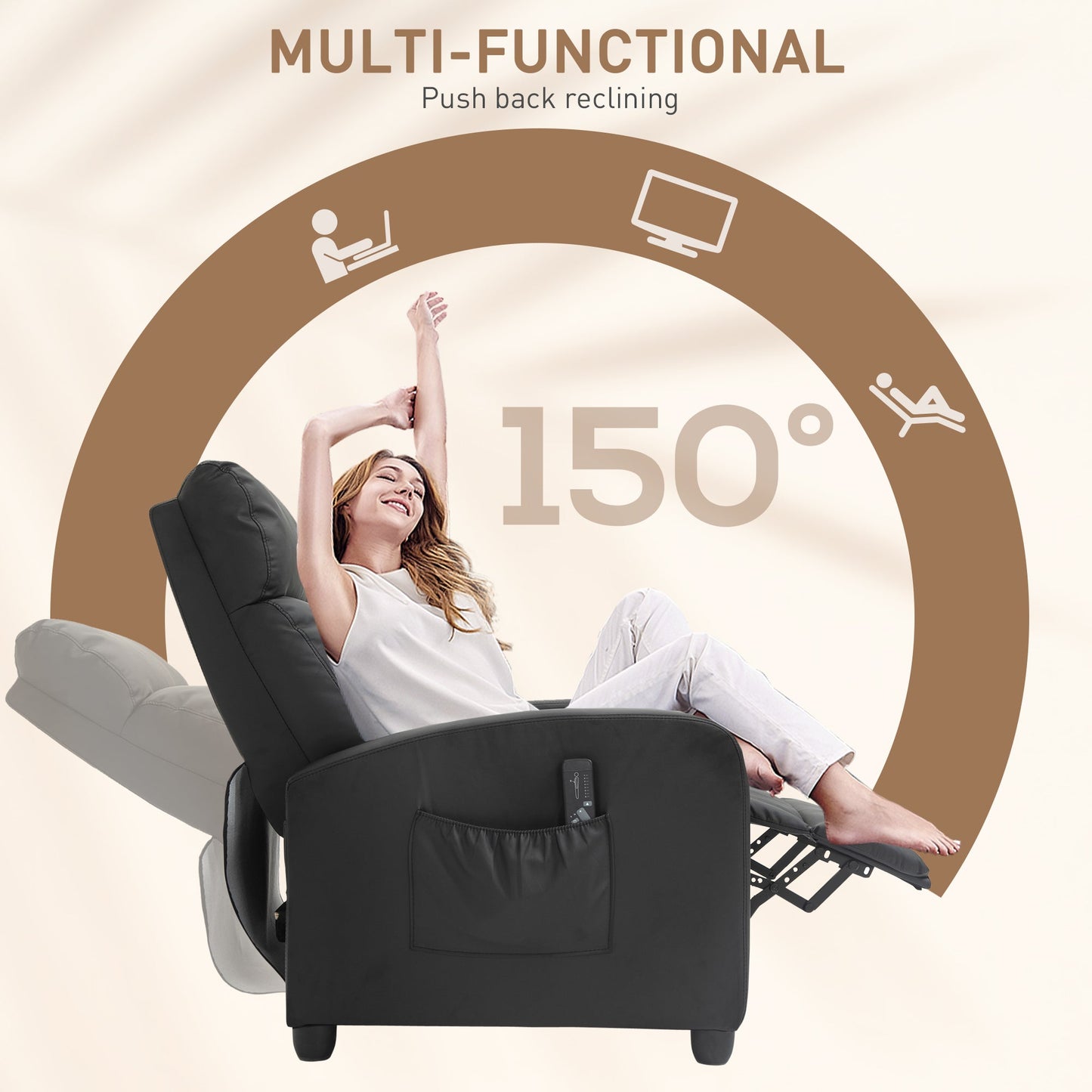 HOMCOM Massage Recliner Armchair with 150 Recline, Faux Leather, Side Pocket, Black