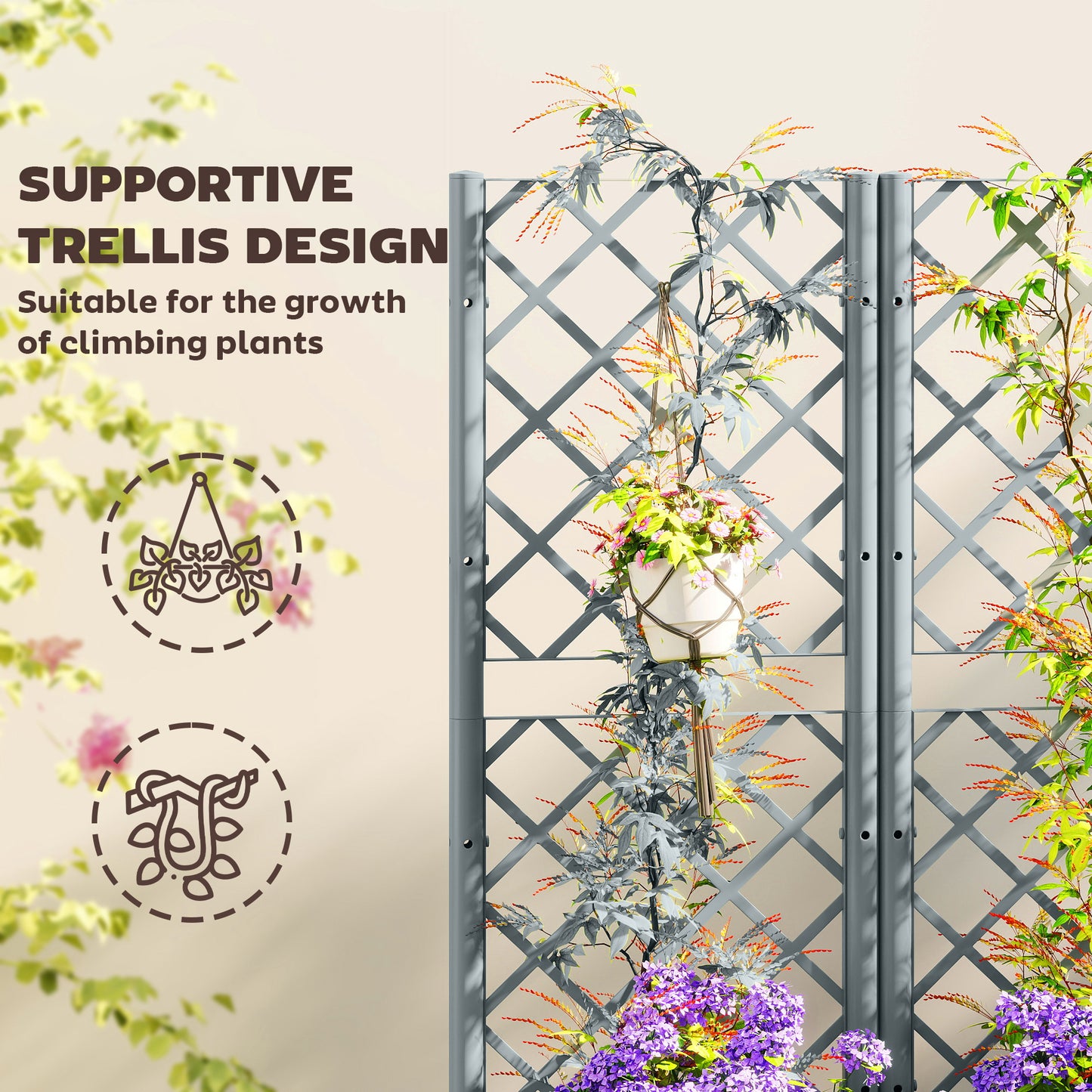 Outsunny Raised Garden Bed with Trellis, Plastic Planter Box with Drainage Holes, Drain Plugs and Water Reservoirs for Climbing Plants, Vegetables, Flowers, Grey