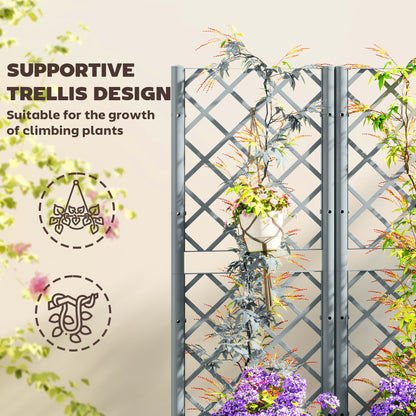 Outsunny Raised Garden Bed with Trellis, Plastic Planter Box with Drainage Holes, Drain Plugs and Water Reservoirs for Climbing Plants, Vegetables, Flowers, Grey