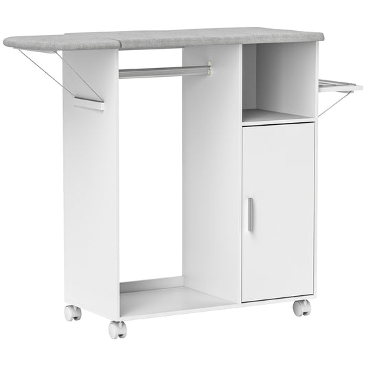 HOMCOM Rolling Ironing Board Cabinet, Foldable Ironing Station with Storage, Wheels for Home, Laundry Room, White