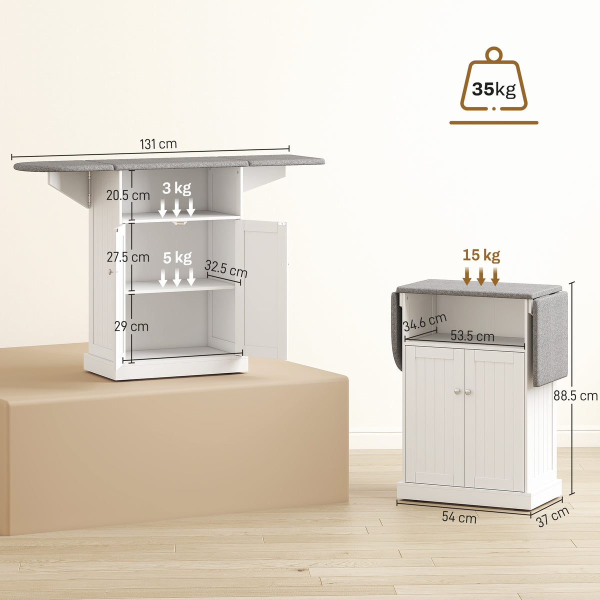 HOMCOM Ironing Board Cabinet on Wheels with Foldable Top, Mobile Storage Cabinet with Ironing Board, Open Compartment, White